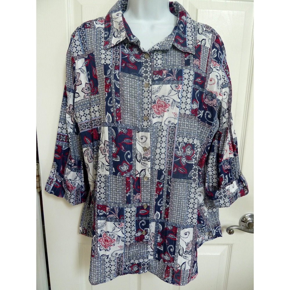 Allison Daley XL Patchwork Roll-Tab Blouse Career Office Cottage Cotton Top